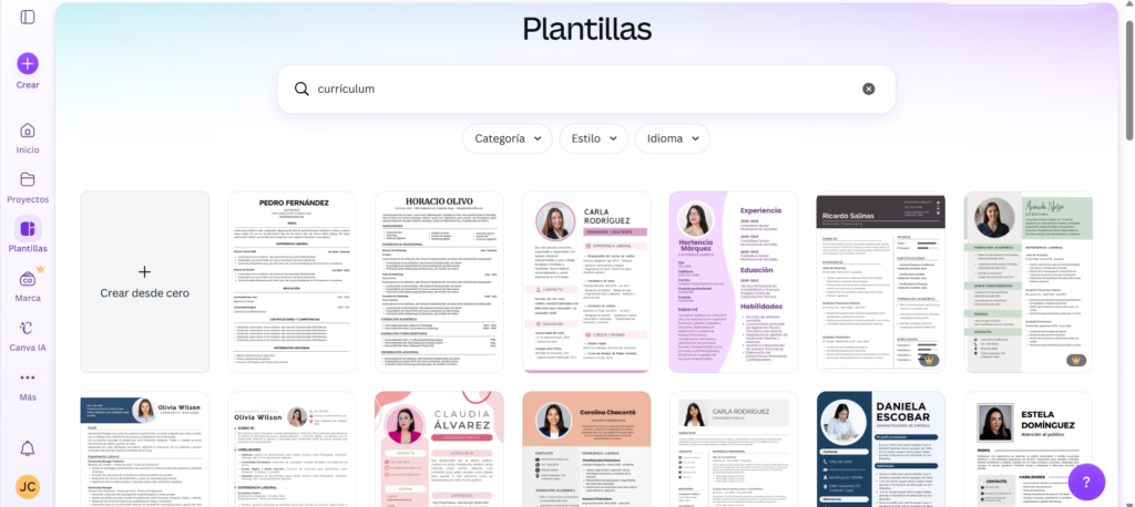 Galería de plantillas de currículum en Canva
