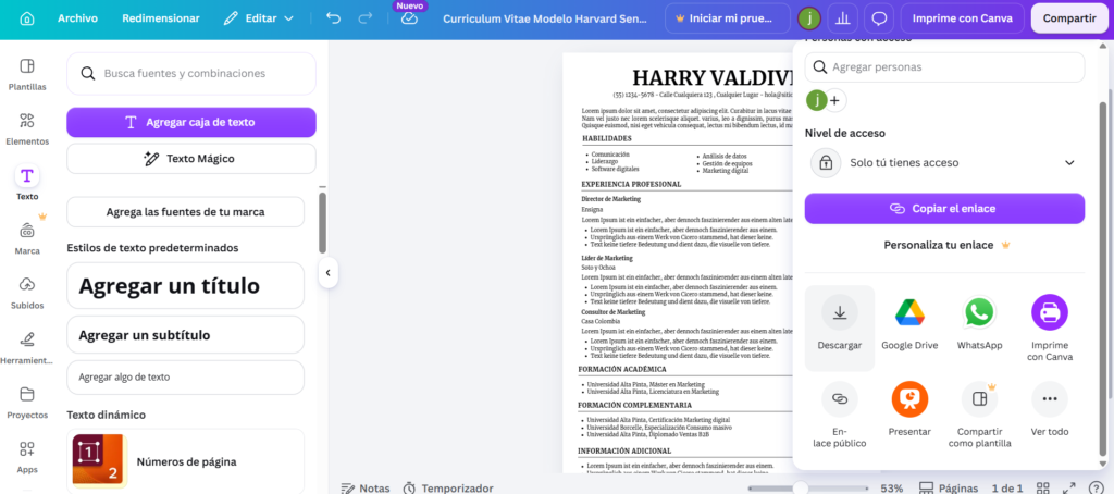 Cómo descargar el currículum en PDF desde Canva